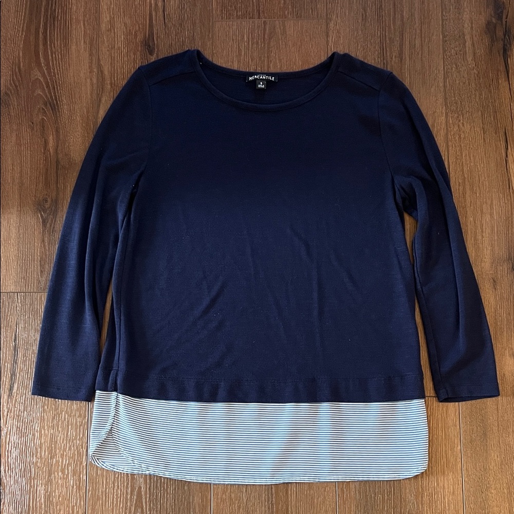 J. Crew Navy Long Sleeve Top with Striped Hem (Blue & White)